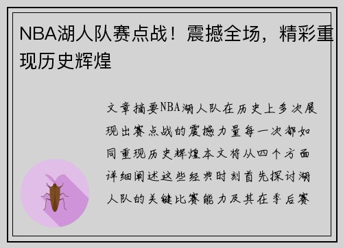 NBA湖人队赛点战！震撼全场，精彩重现历史辉煌